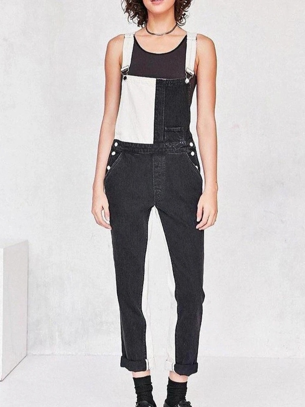 Guess American Tradition Color Block Overalls in Black & Cream Waist 27 Like New